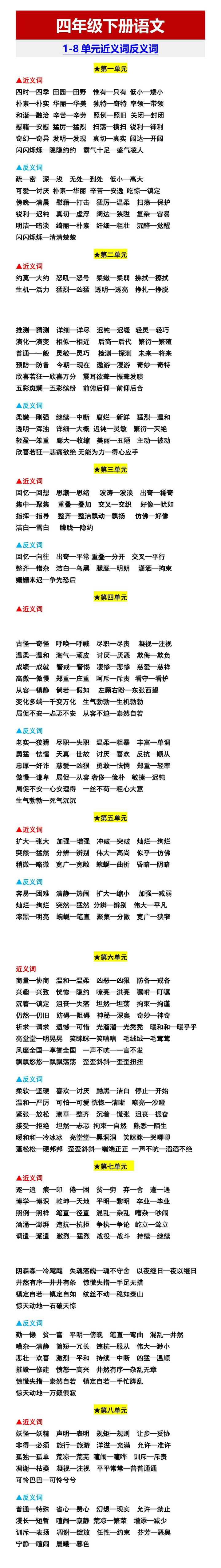 四年级下册语文 1-8单元近义词反义词