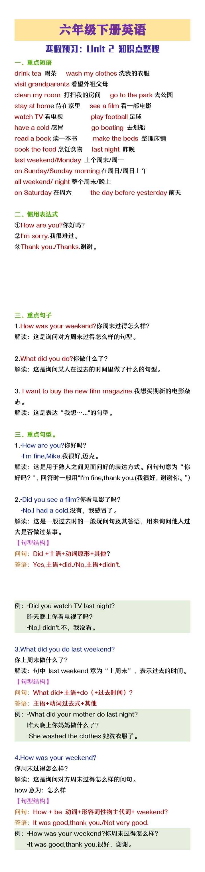 六年级下册英语Unit 2知识点整理