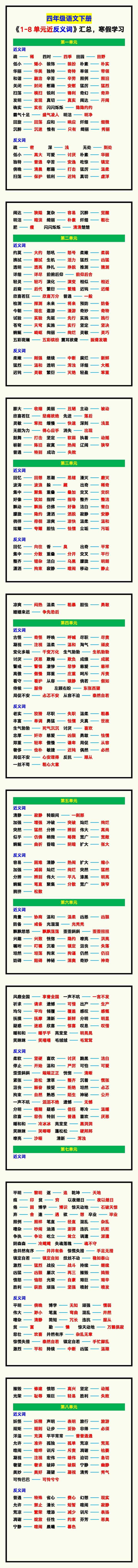 四年级语文下册《1-8单元近反义词》汇总，寒假学习！