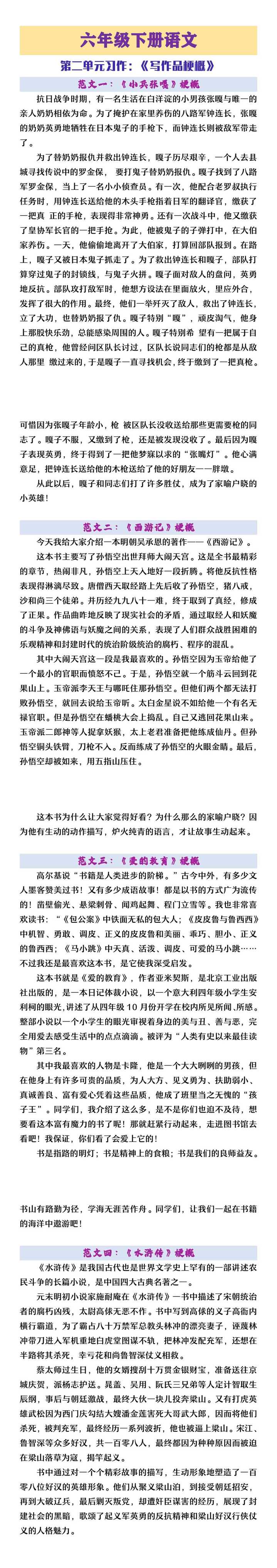 六年级下册语文第二单元习作《写作品梗概》范文