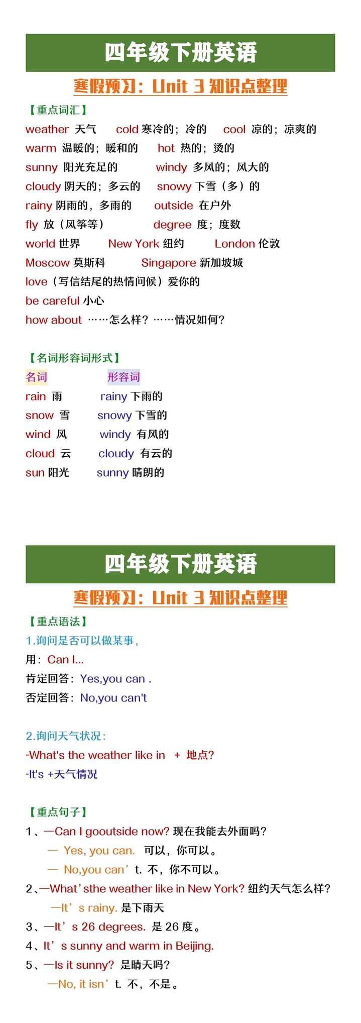 四年级下册英语第三单元知识点