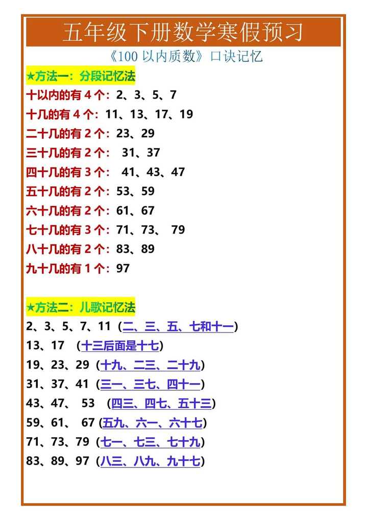 五年级下册数学《100以内质数》口诀记忆