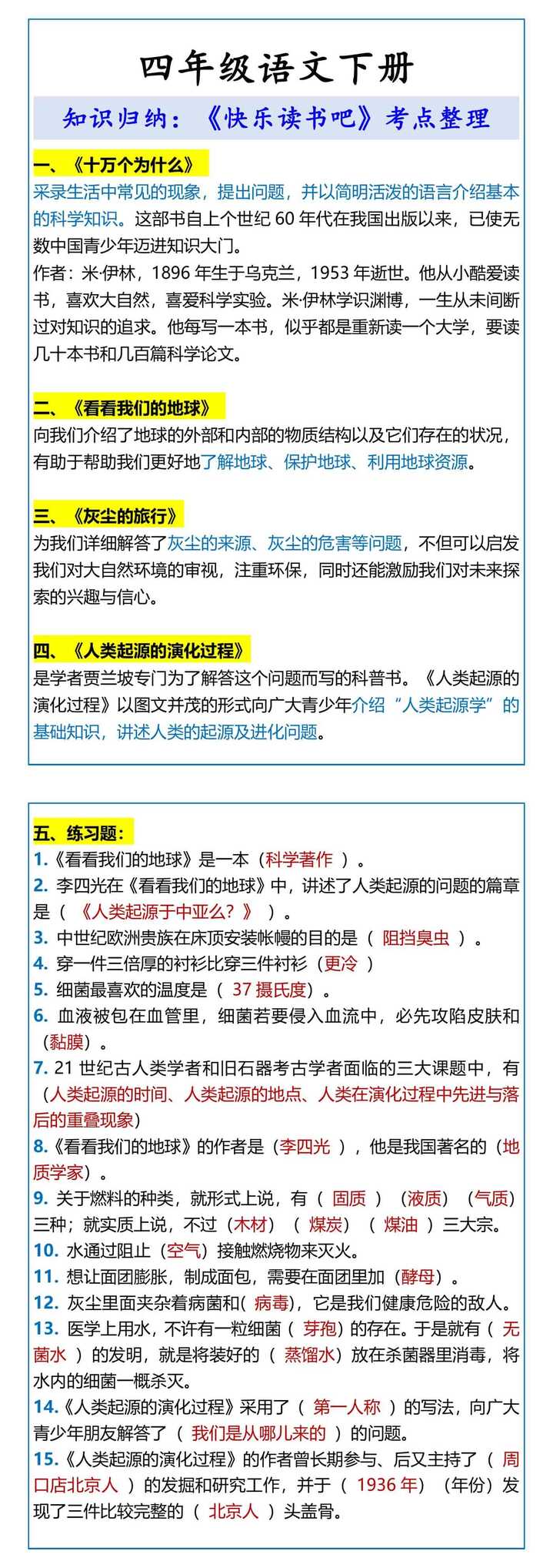 四年级语文下册《快乐读书吧》考点整理