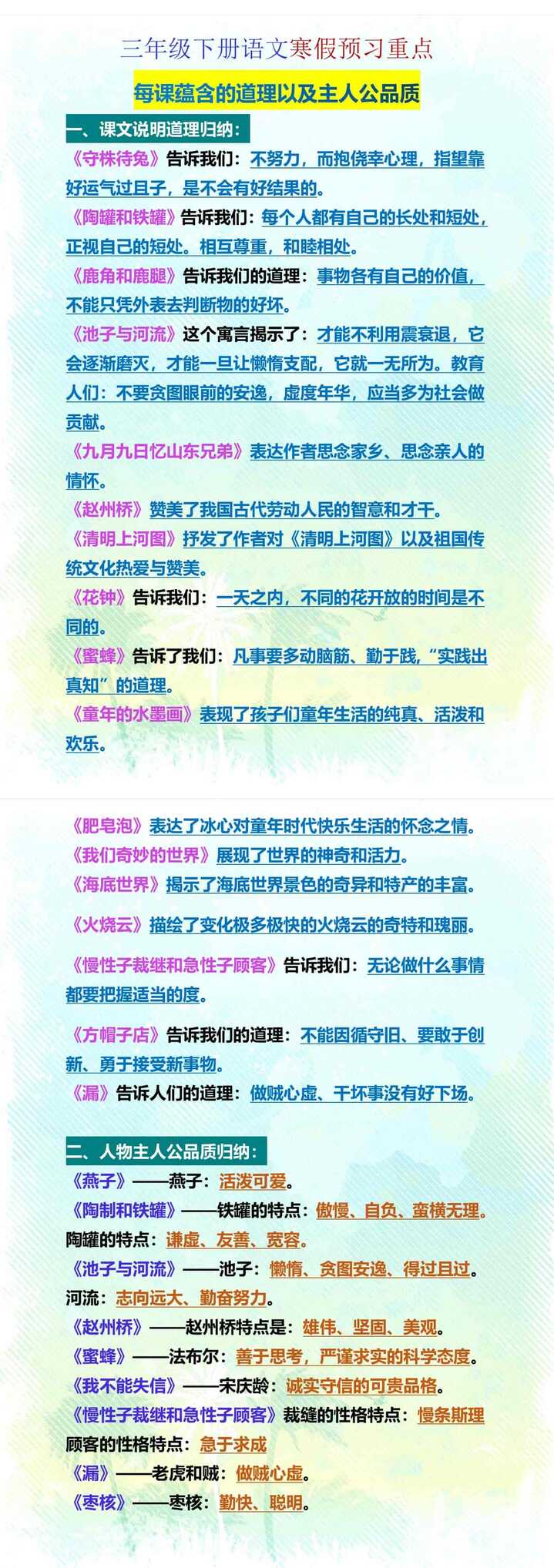 三年级下册语文寒假预习重点每课蕴含的道理以及主人公品质