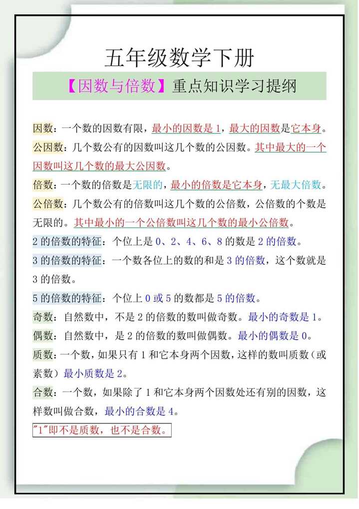 五年级数学下册【因数与倍数】重点知识学习提纲
