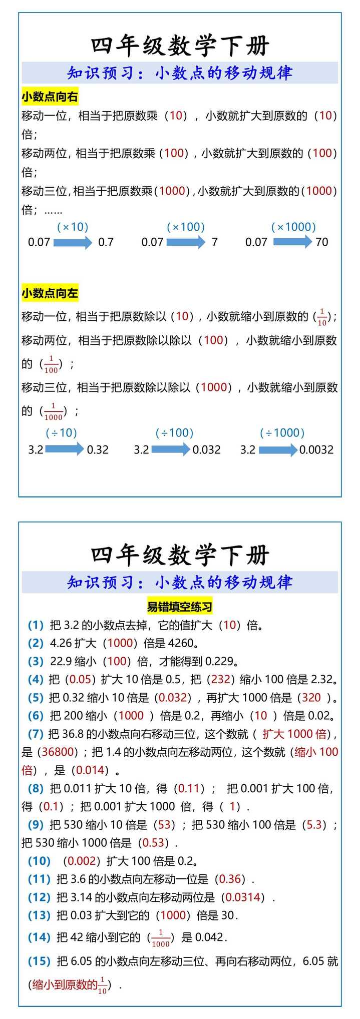 四年级数学下册小数点的移动规律