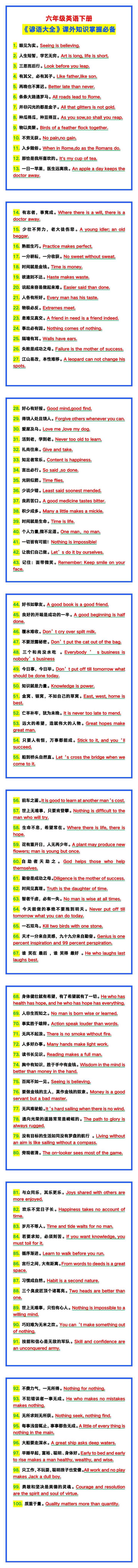 六年级英语下册《谚语大全》，课外知识掌握必备！