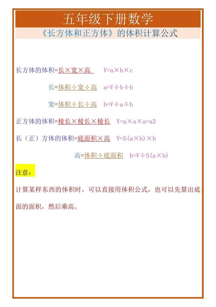 五年级下册数学《长方体和正方体》的体积计算公式