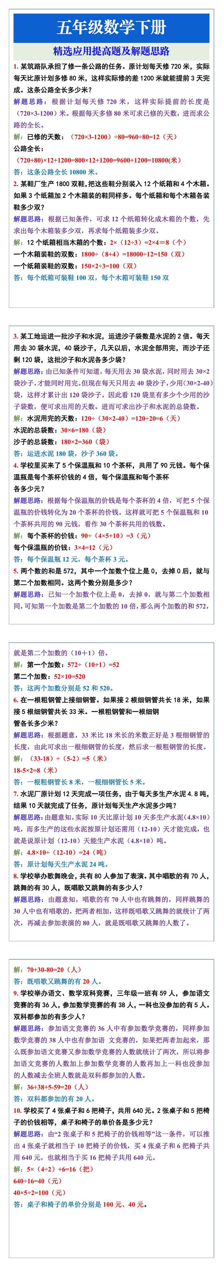 五年级数学下册精选应用提高题及解题思路
