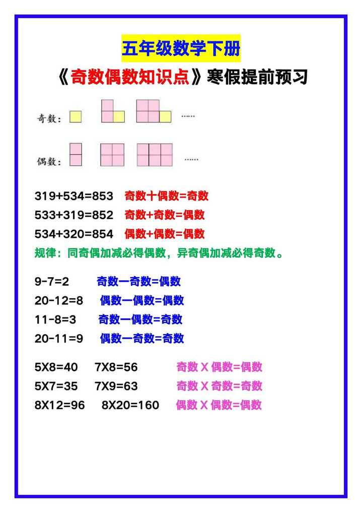 五年级数学下册《奇数偶数知识点》，寒假提前预习！
