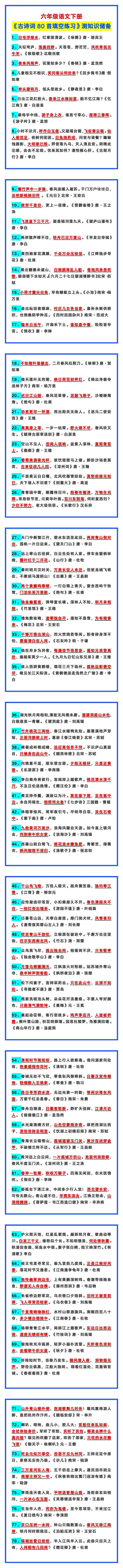 六年级语文下册《古诗词80首填空练习》，测测孩子的知识储备！