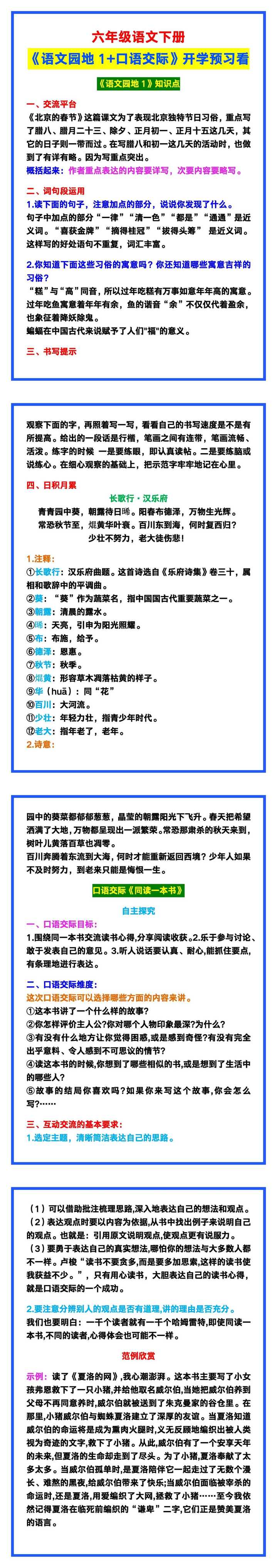 六年级语文下册《语文园地1+口语交际》，开学预习看一看！