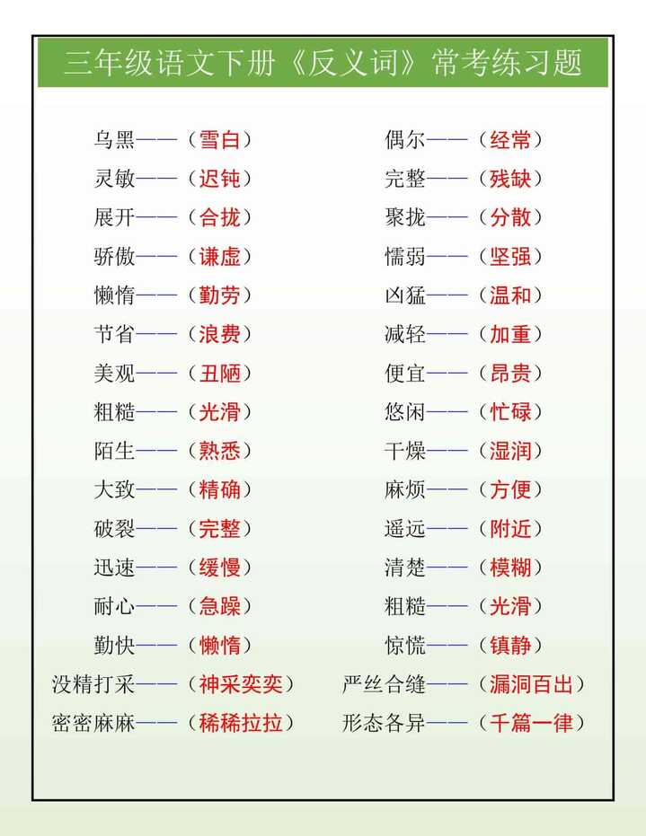 三年级语文下册《反义词》常考练习题