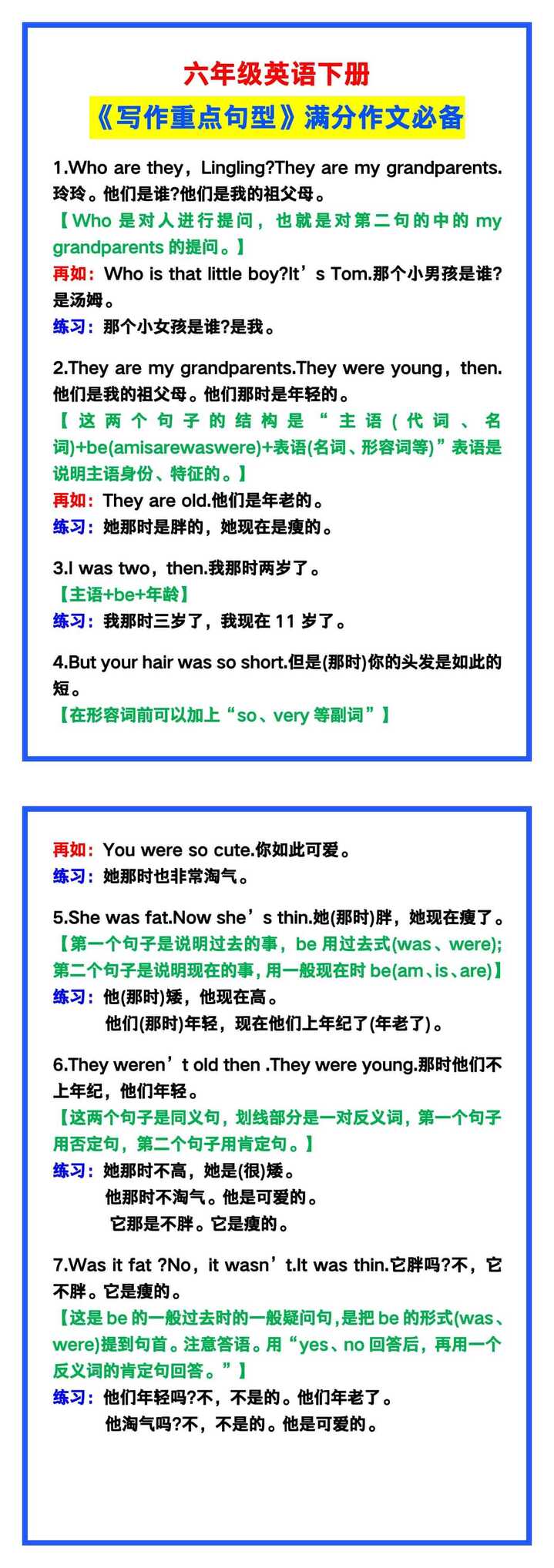 六年级英语下册《写作重点句型》，满分作文必备！