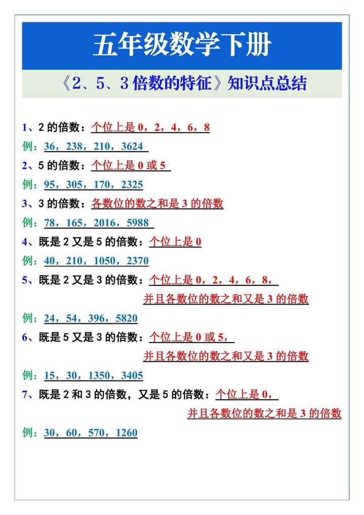 五下数学《2、5、3倍数的特征》知识点总结
