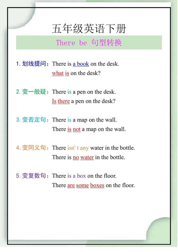 五年级英语下册There be 句型转换