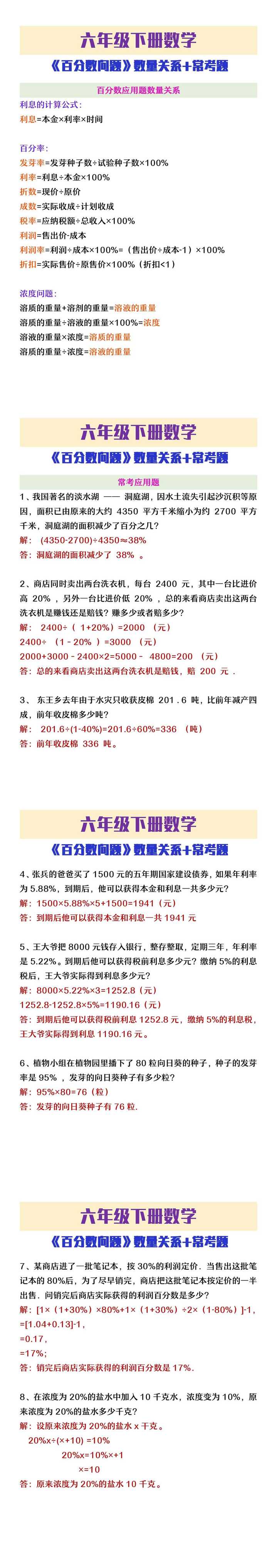 六年级下册数学《百分数问题》数量关系+常考题