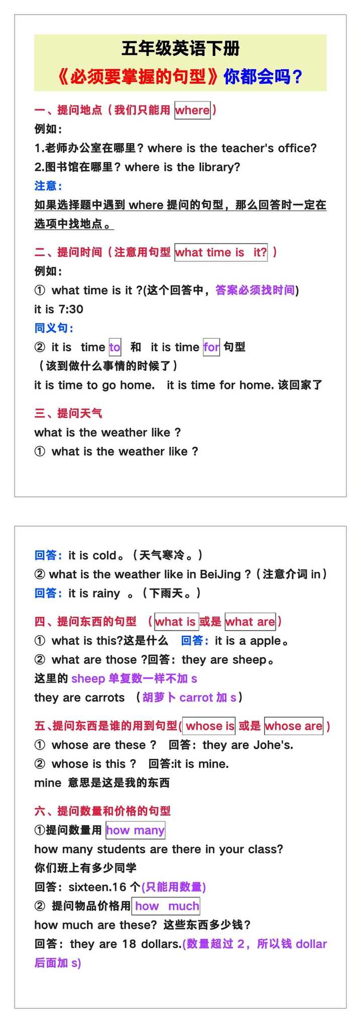 五年级英语下册《必须要掌握的句型》，你都会吗？