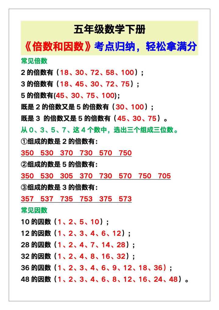 五年级数学下册《倍数和因数》考点归纳，熟背轻松拿满分！