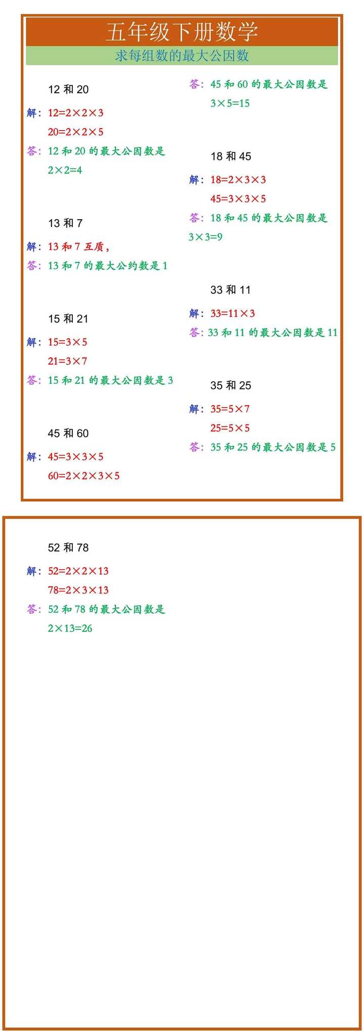 五年级下册数学求每组数的最大公因数