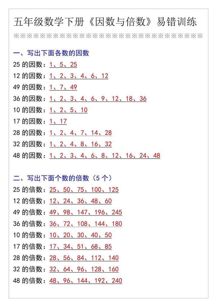 五年级数学下册《因数与倍数》易错训练