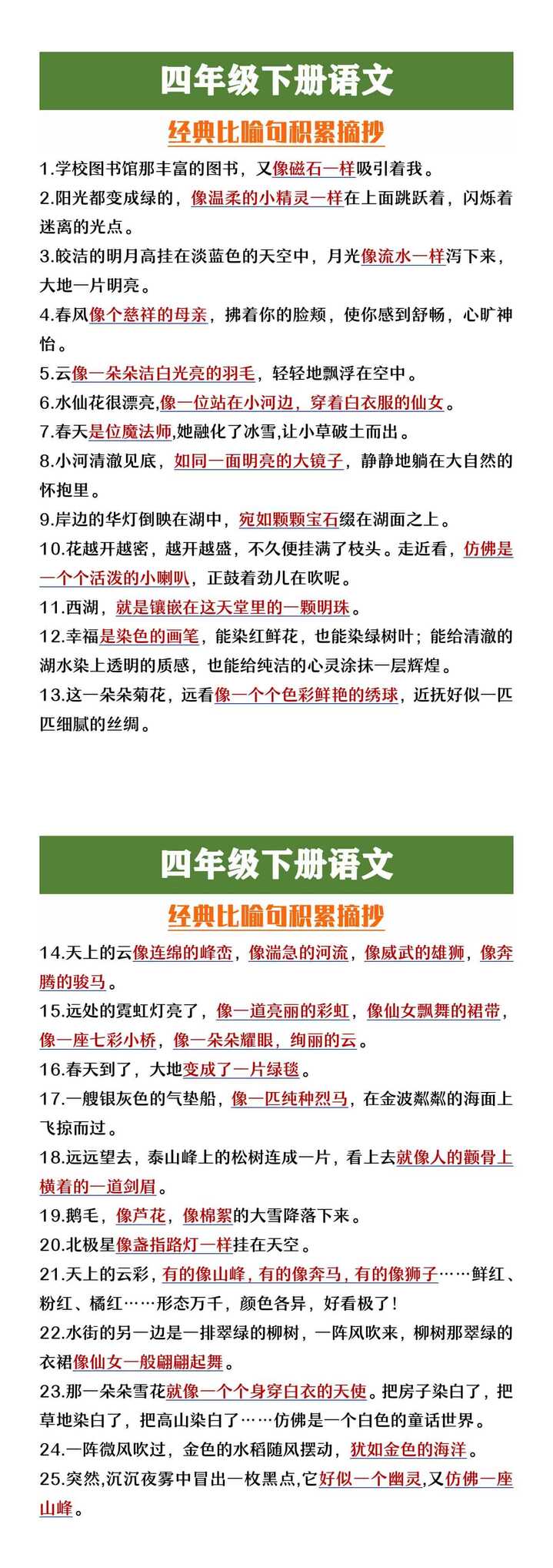四年级下册语文经典比喻句积累摘抄