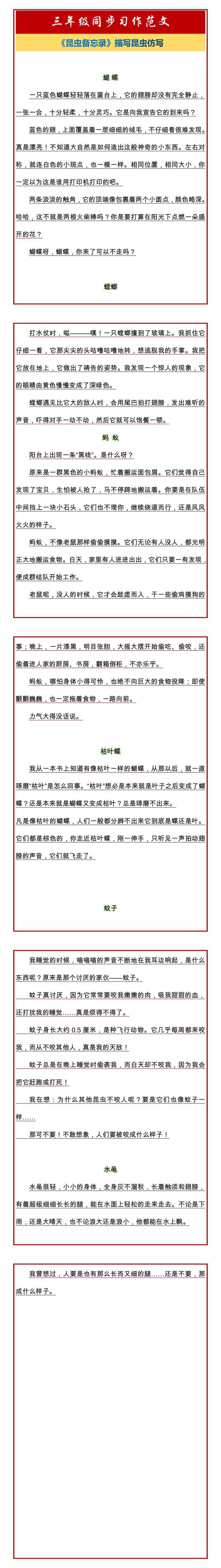 三年级同步习作范文《昆虫备忘录》描写昆虫仿写