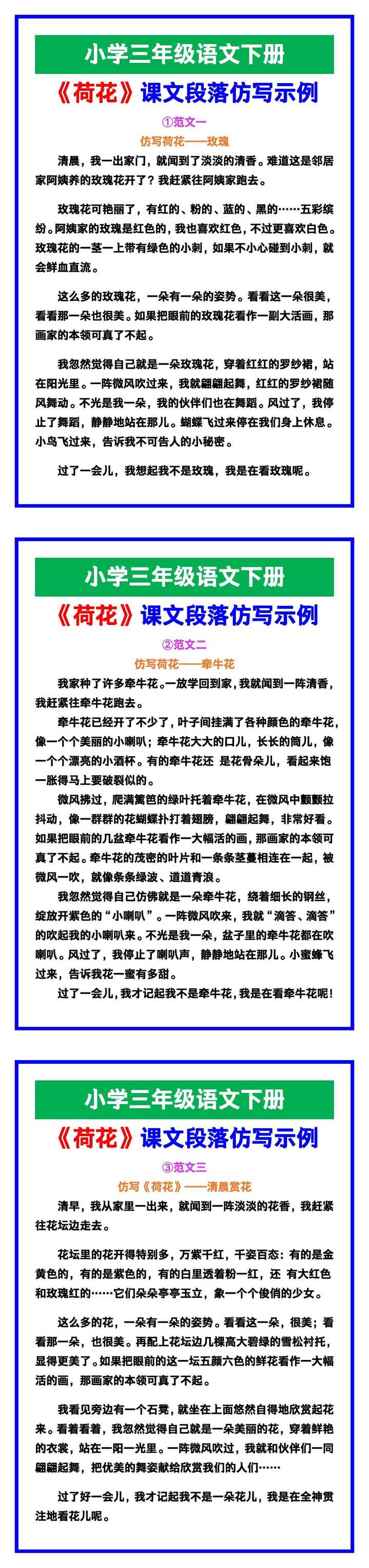 小学三年级语文下册《荷花》课文段落仿写，给孩子参考！