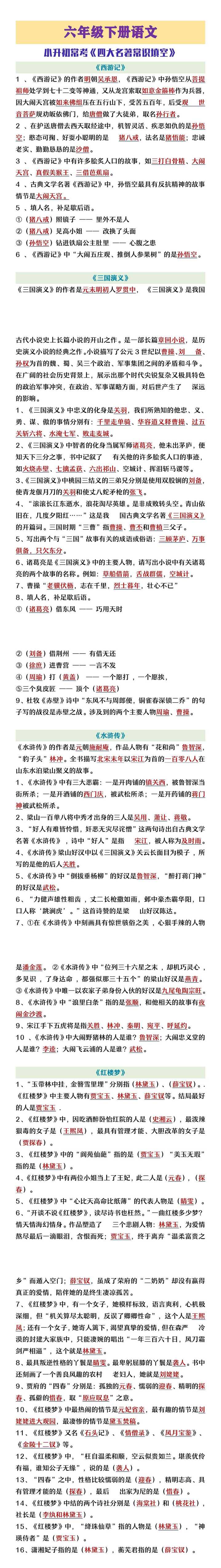 六年级下册语文小升初常考《四大名著》常识填空
