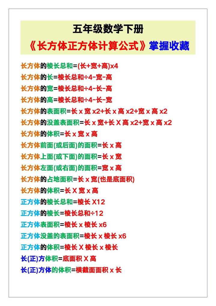 五年级数学下册《长方体正方体计算公式汇总》，赶紧收藏吧！