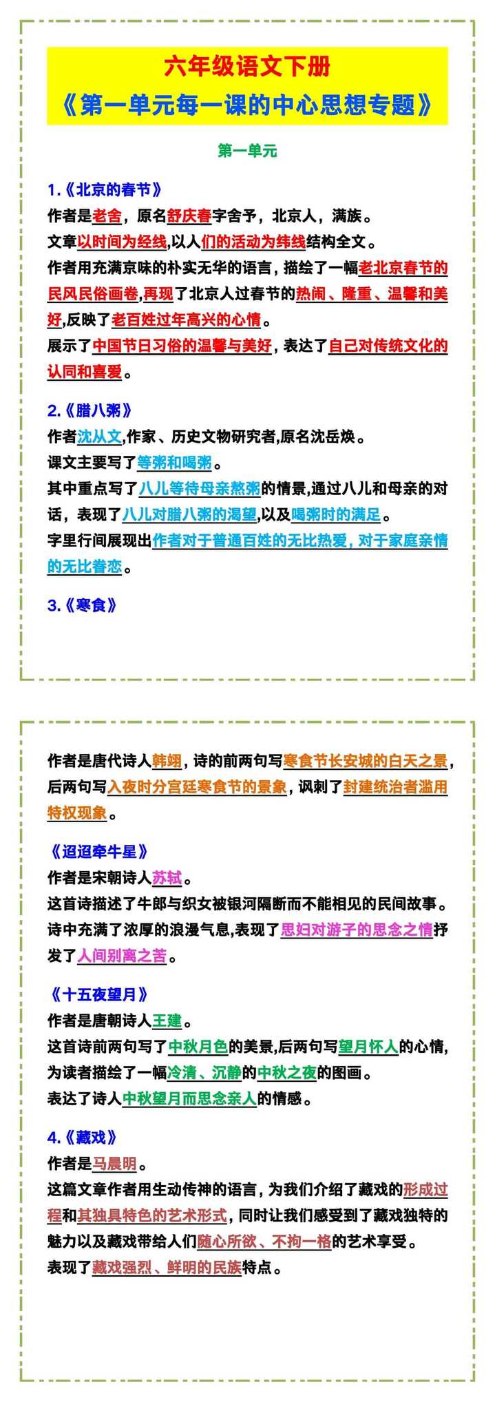 六年级语文下册《第一单元每一课的中心思想专题》，需要牢记！