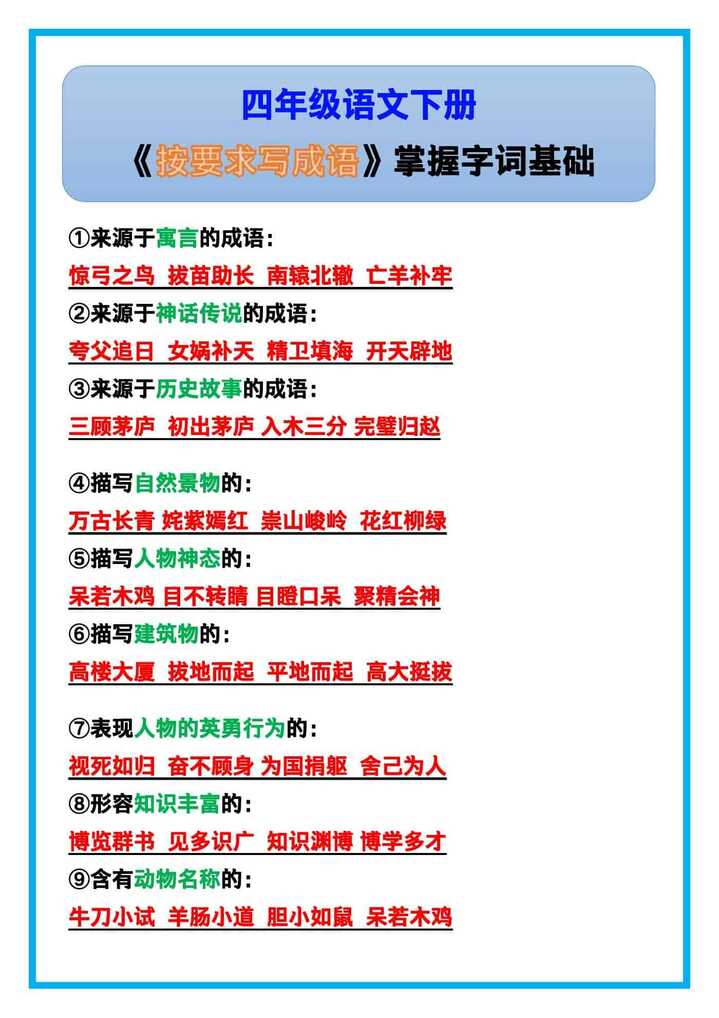 四年级语文下册《按要求写成语》，掌握字词基础！
