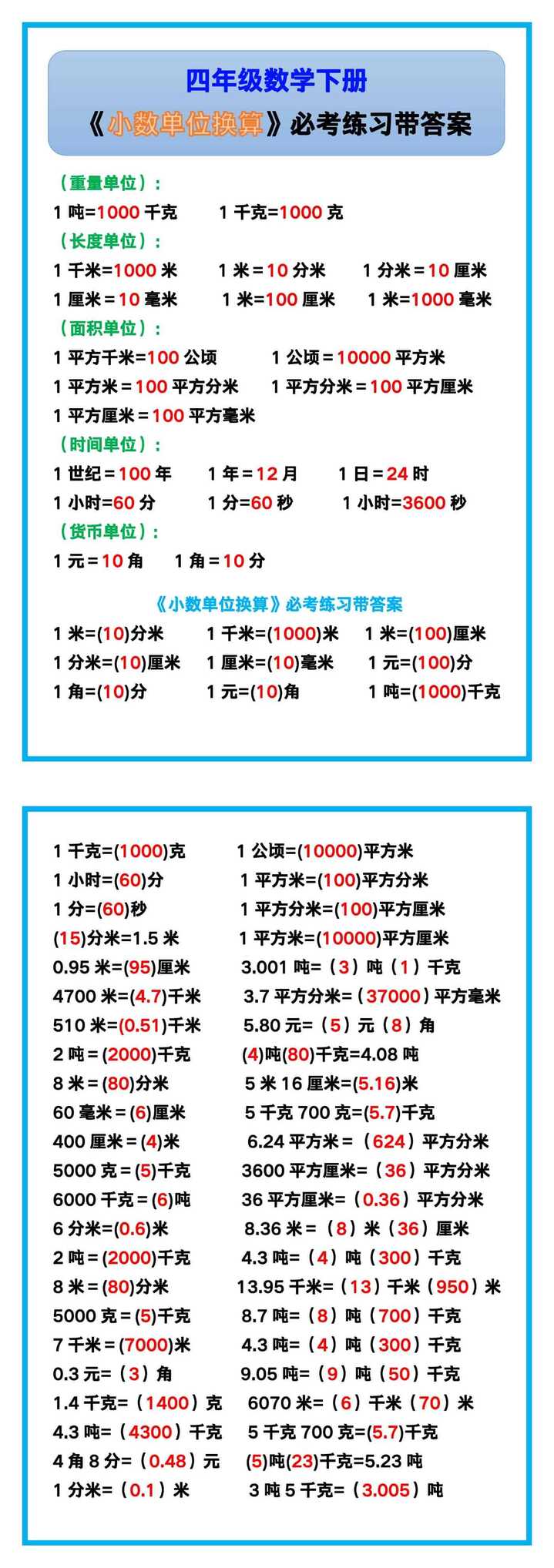 四年级数学下册《小数单位换算》必考练习带答案！
