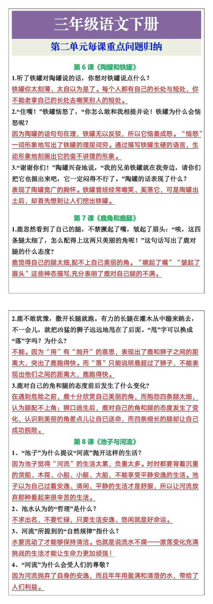 三年级语文下册第二单元每课重点问题归纳
