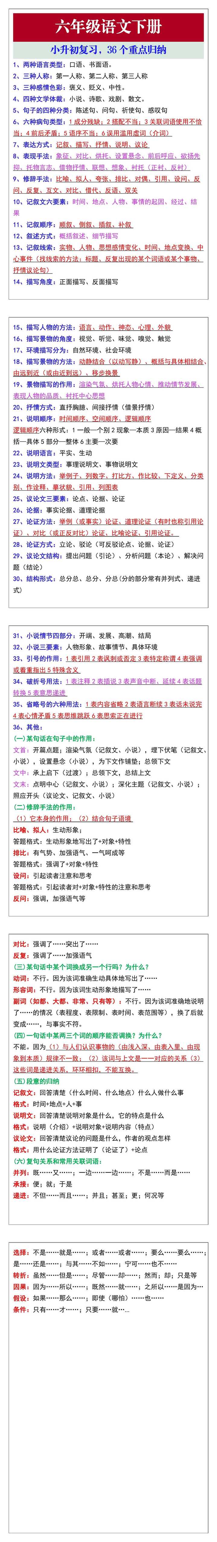 六年级语文小升初复习，36个重点归纳