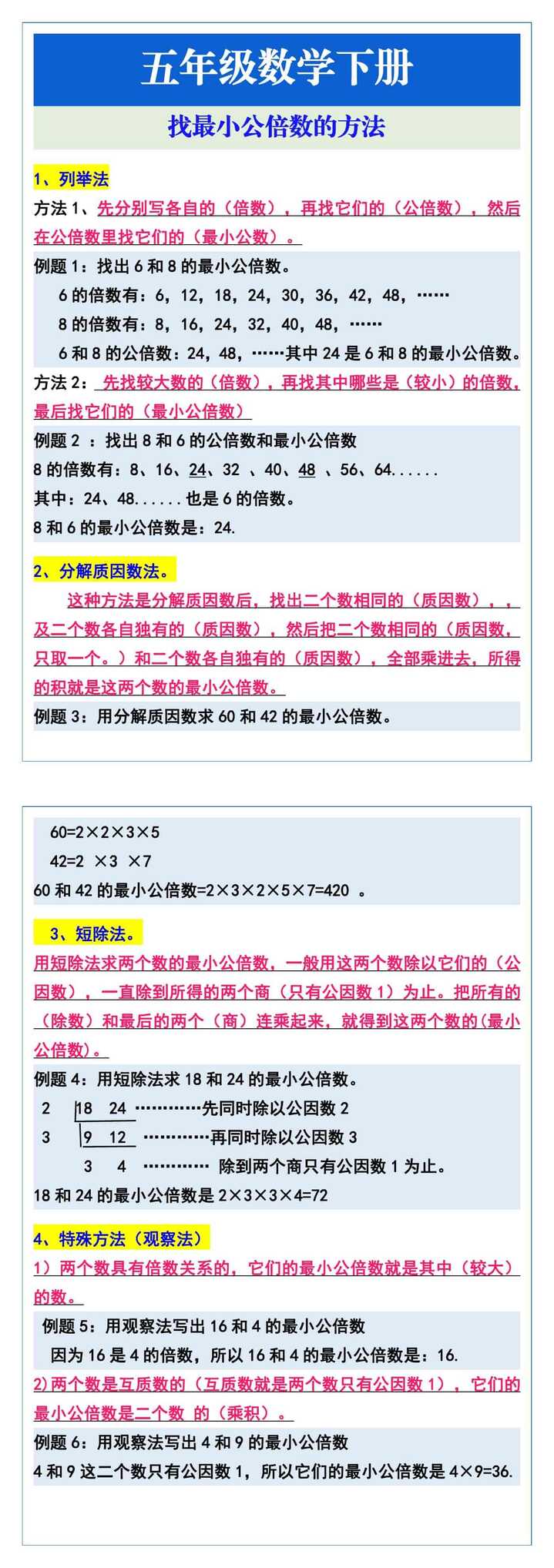 五年级数学下册：找最小公倍数的方法