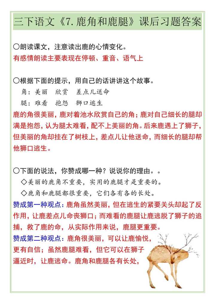三下语文《7.鹿角和鹿腿》课后习题答案