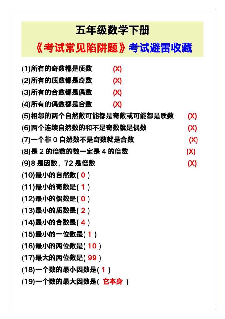 五年级数学下册《考试常见陷阱题》，避雷收藏！