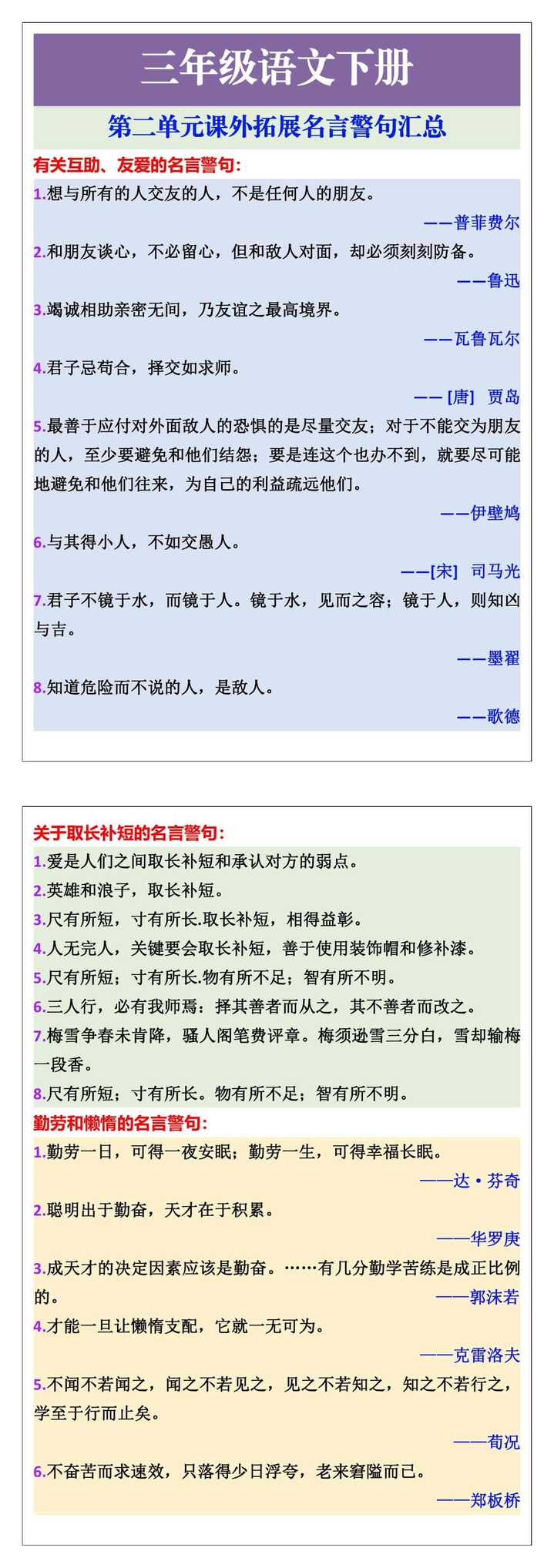 三年级语文下册第二单元课外拓展名言警句汇总