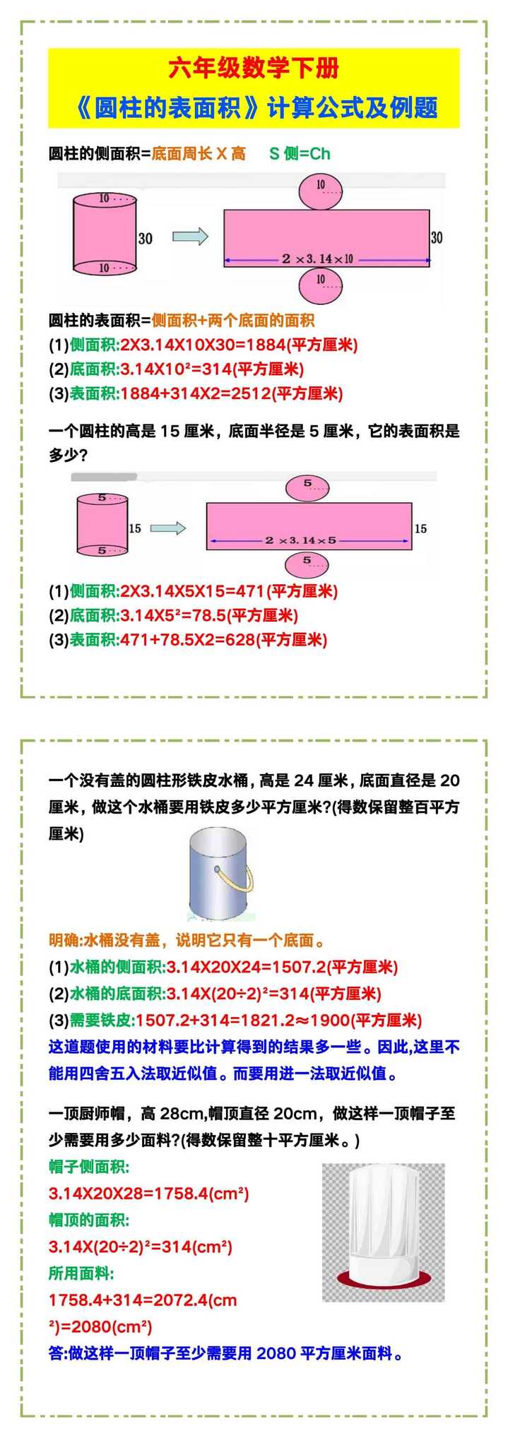 六年级数学下册《圆柱的表面积》计算公式及例题！
