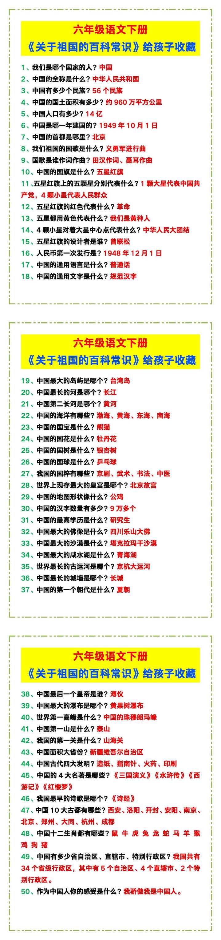六年级语文下册《关于祖国的百科常识》，给孩子收藏！