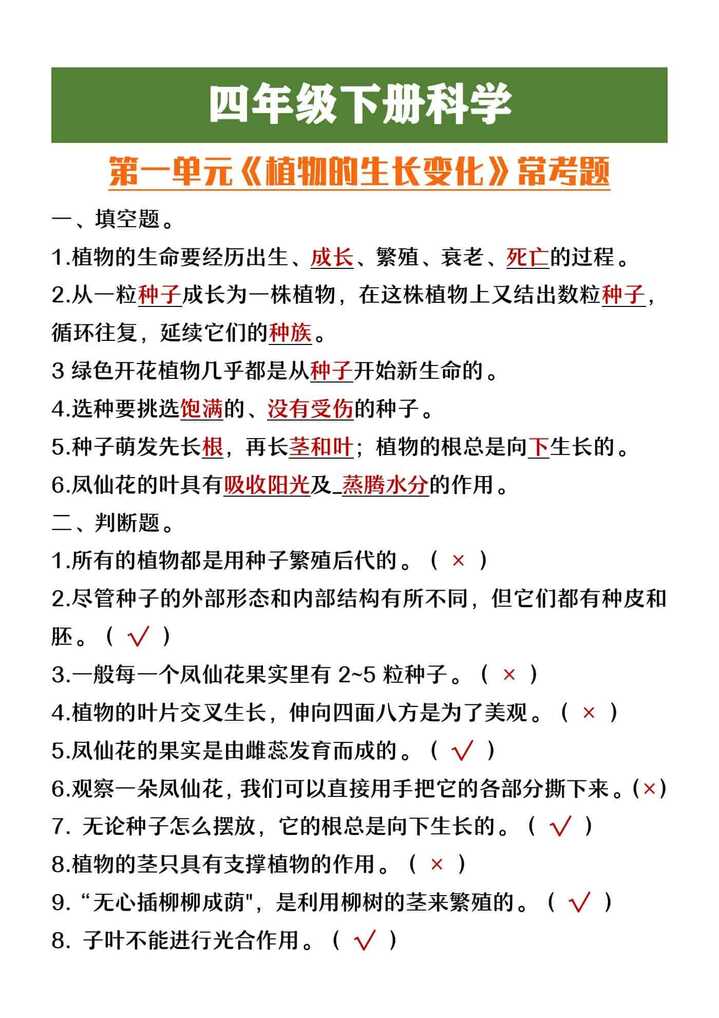 四年级下册科学《植物的生长变化》常考题
