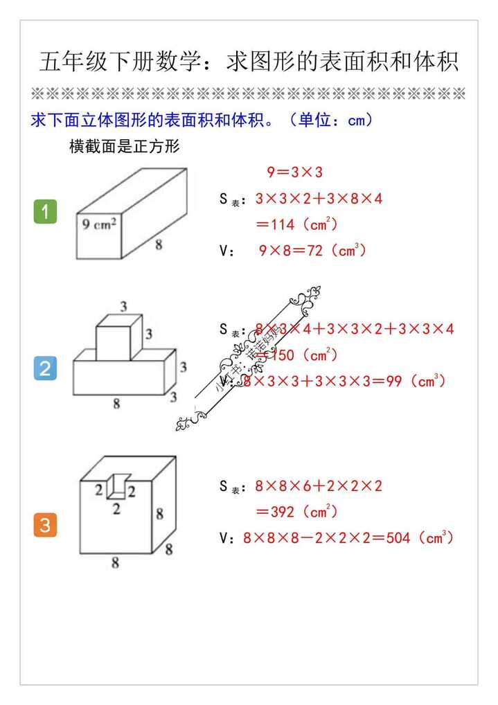 五年级下册数学：求图形的表面积和体积