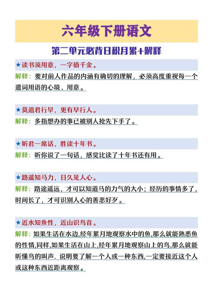 六年级下册语文第二单元必背日积月累