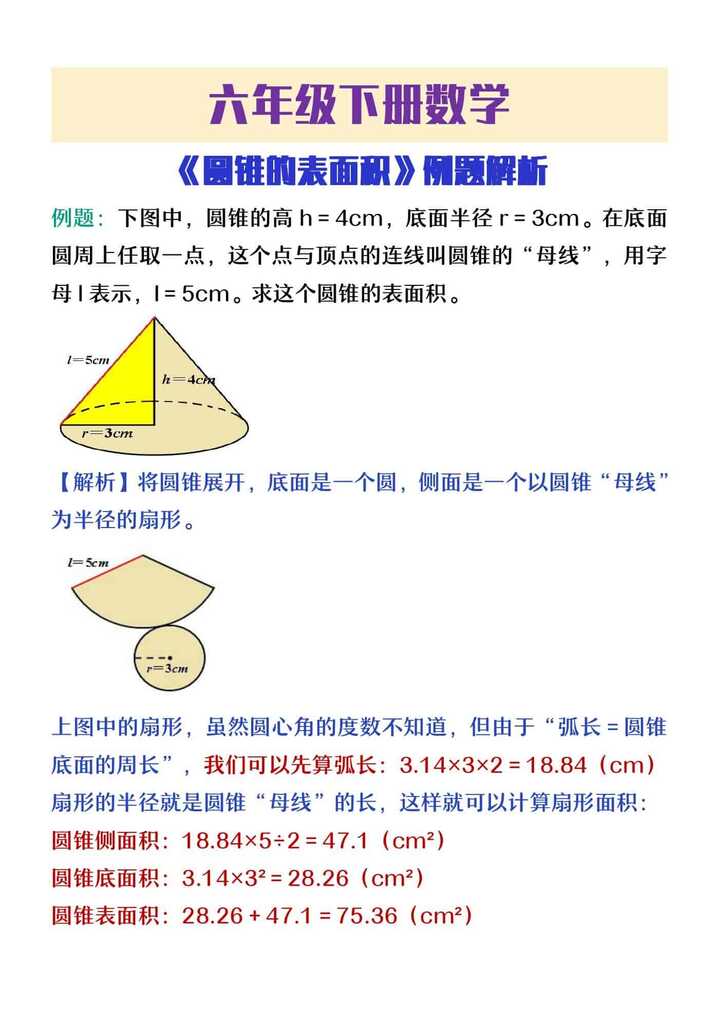 六年级下册数学《圆锥的表面积》例题解析