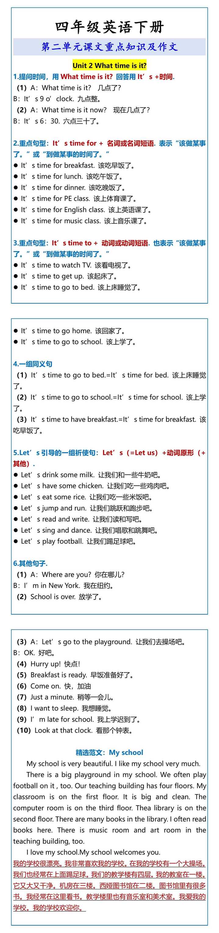 四年级英语下册 第二单元课文重点知识及作文