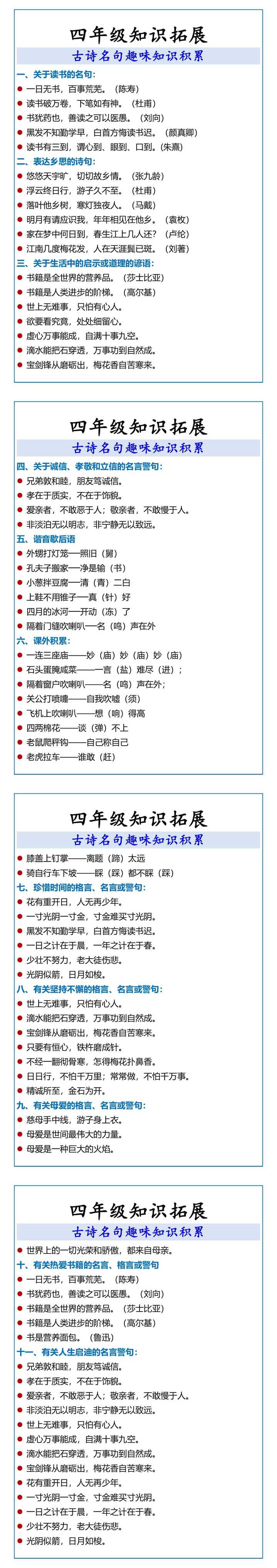 四年级知识拓展 古诗名句趣味知识积累