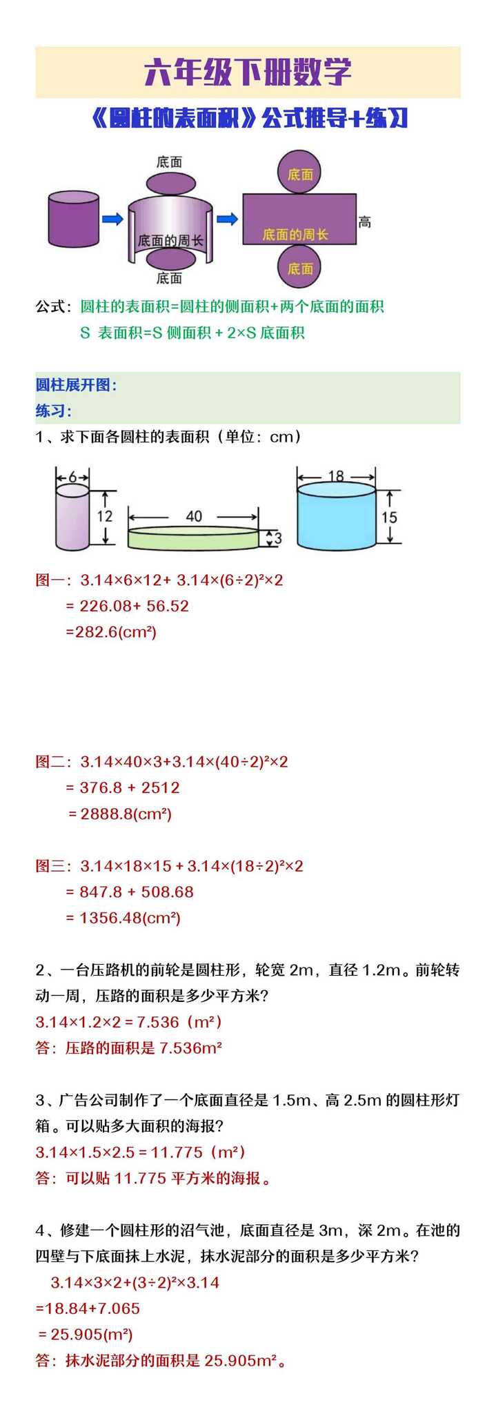 六年级下册数学《圆柱圆滑的表面积》公式推导+练习