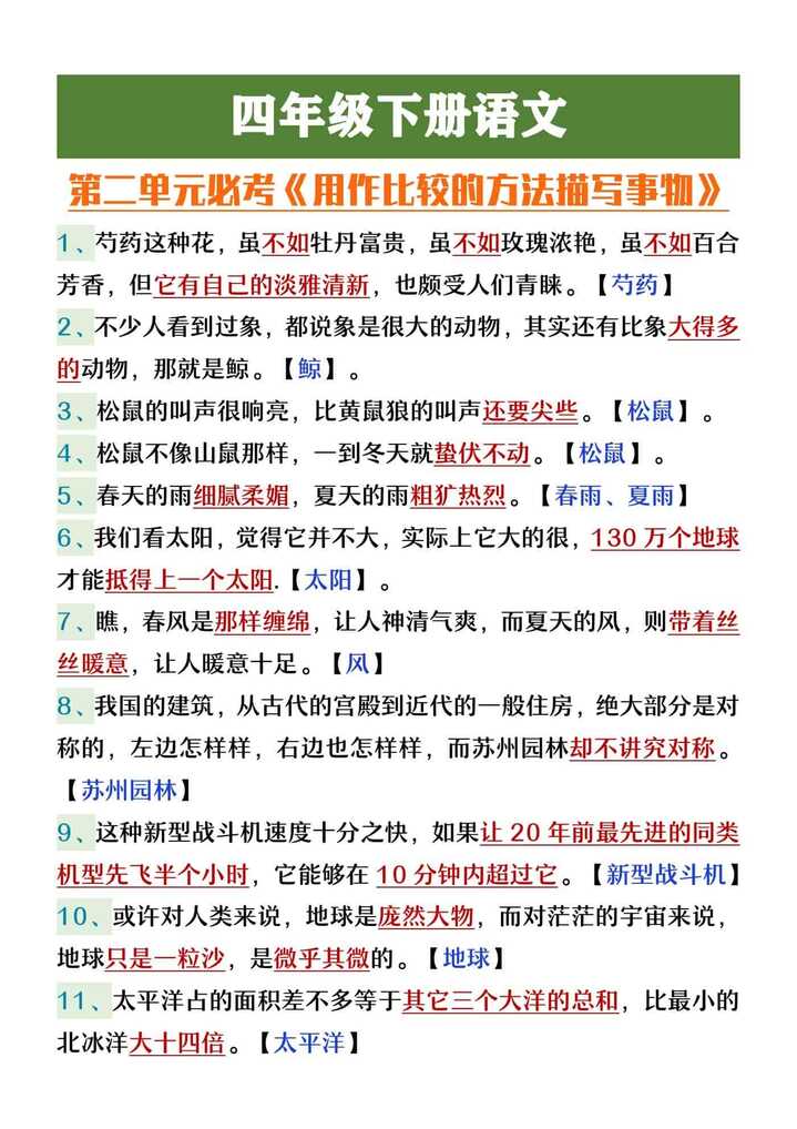 四年级下册语文第二单元必考用作比较的方法描写