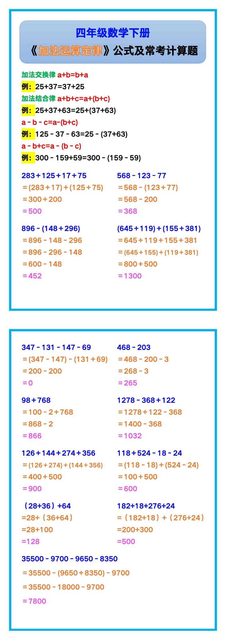四年级数学下册《加法运算定律》公式及常考计算题！